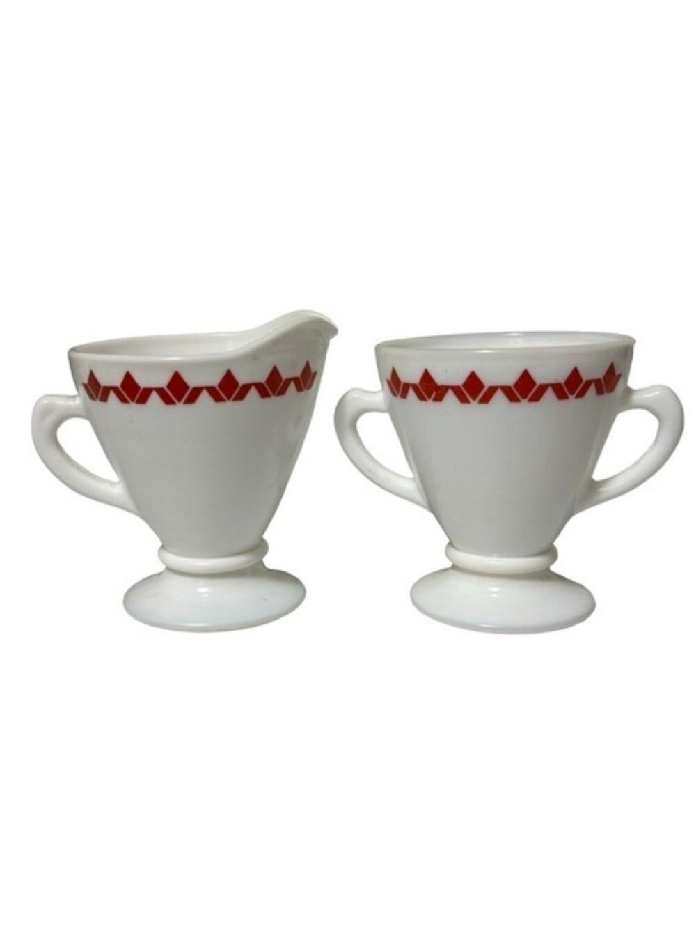 Vtg Hazel Atlas Sugar Creamer White Red Tulip Milk Glass Open Footed Handles